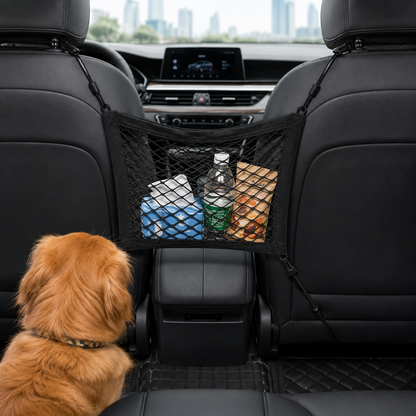 Dual-Layer Dog Car Net Barrier & Seat Organizer – 4-Sided Elastic Storage Mesh