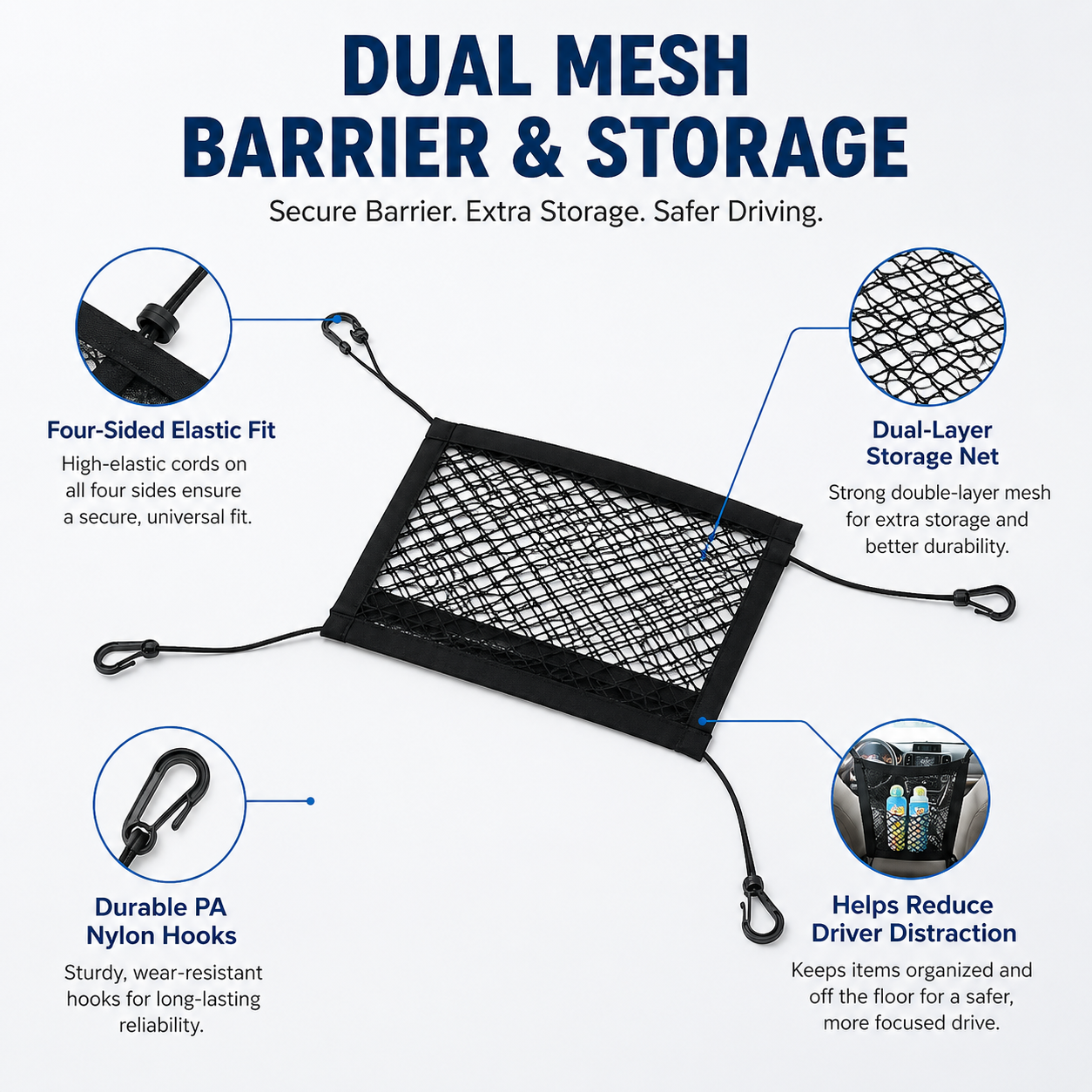 Dual-Layer Dog Car Net Barrier & Seat Organizer – 4-Sided Elastic Storage Mesh