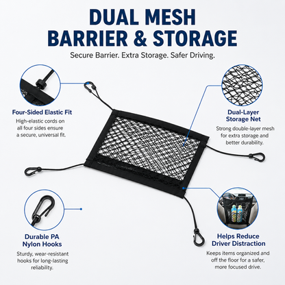 Dual-Layer Dog Car Net Barrier & Seat Organizer – 4-Sided Elastic Storage Mesh