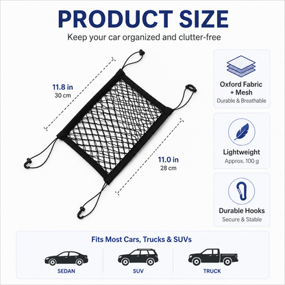 Dual-Layer Dog Car Net Barrier & Seat Organizer – 4-Sided Elastic Storage Mesh