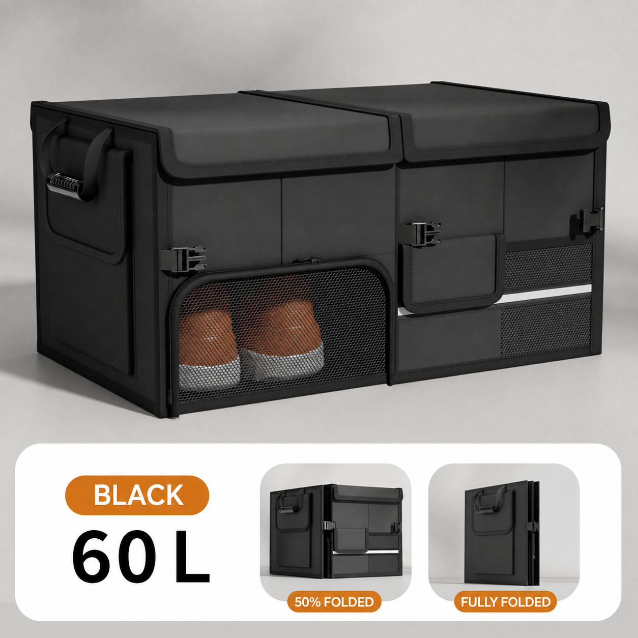 60L Foldable Car Trunk Organizer with Dual Lids