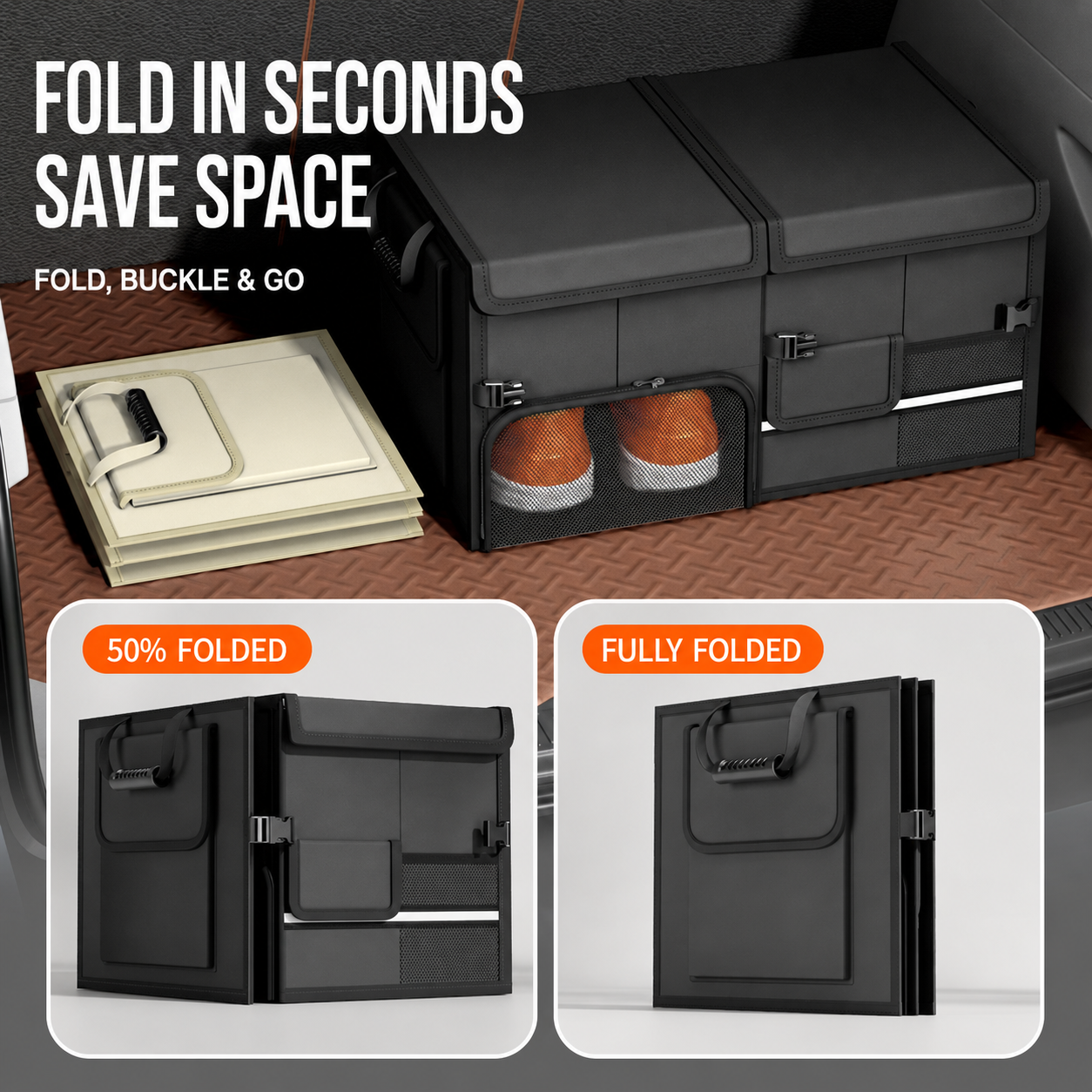 60L Foldable Car Trunk Organizer with Dual Lids