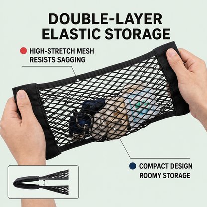 Double-Layer Elastic Car Storage Mesh Pocket – Hook-and-Loop Organizer