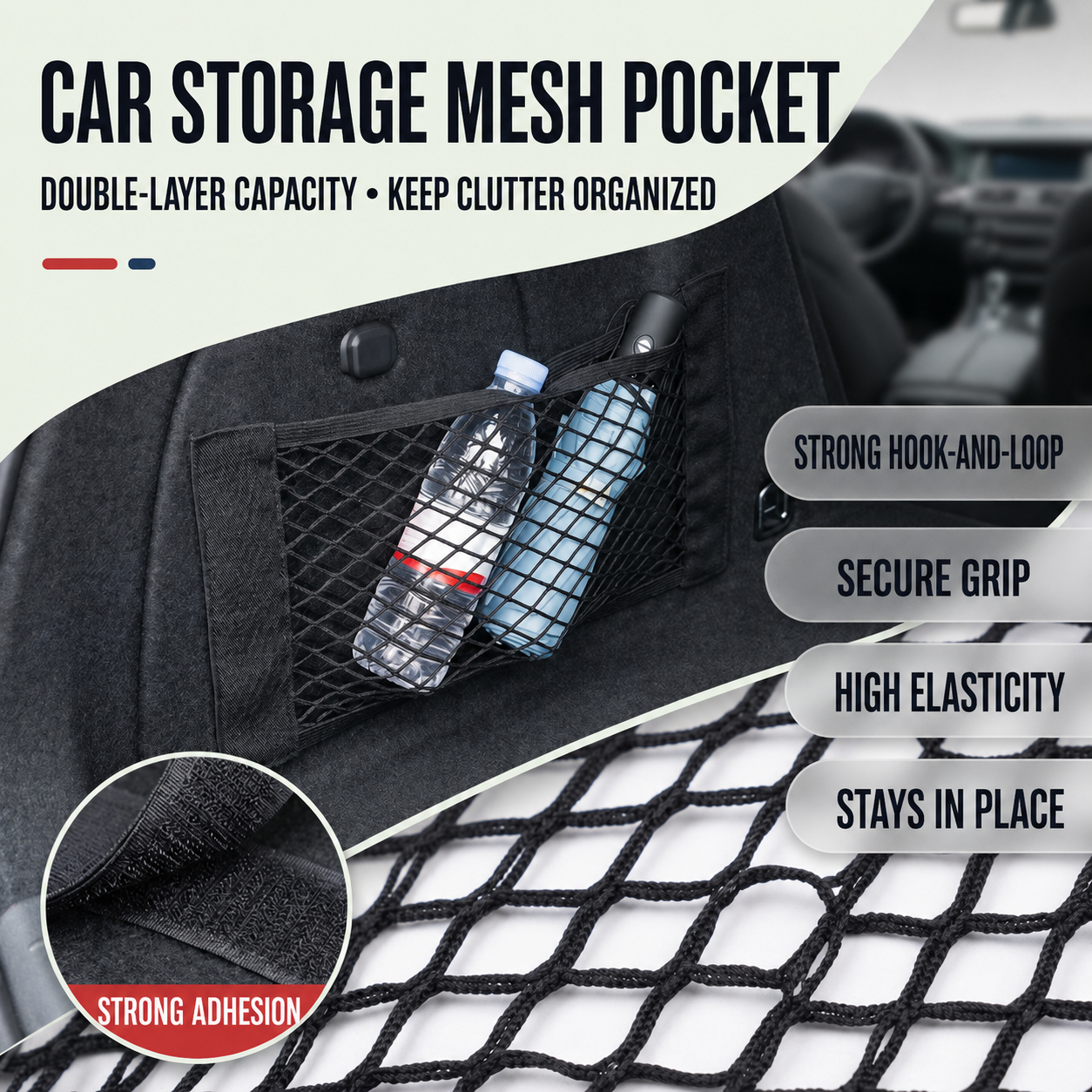 Double-Layer Elastic Car Storage Mesh Pocket – Hook-and-Loop Organizer
