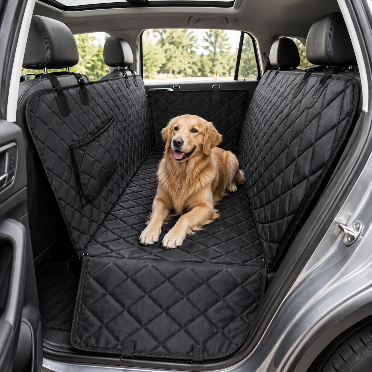 600D Waterproof Dog Car Seat Cover for Back Seat – Full Hammock with Side Flaps