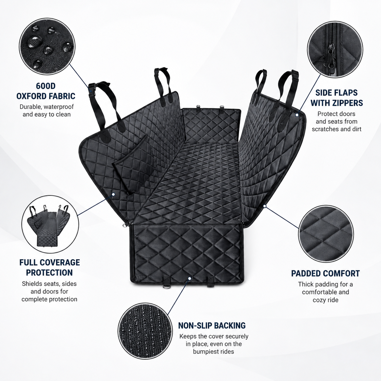 600D Waterproof Dog Car Seat Cover for Back Seat – Full Hammock with Side Flaps