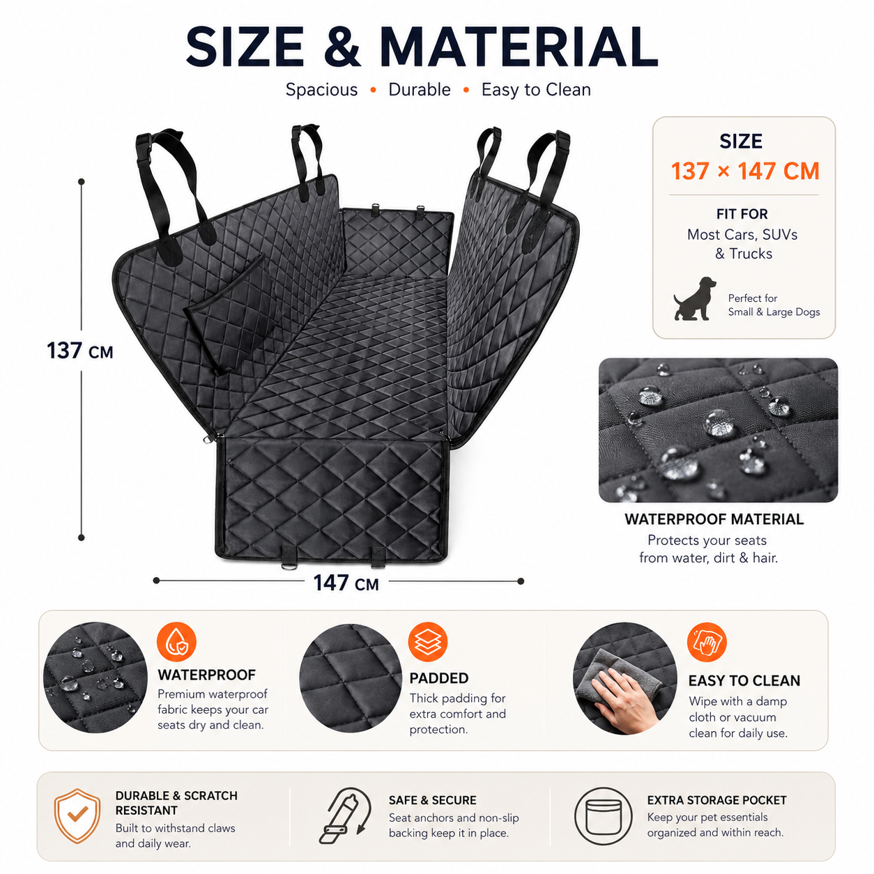 600D Waterproof Dog Car Seat Cover for Back Seat – Full Hammock with Side Flaps