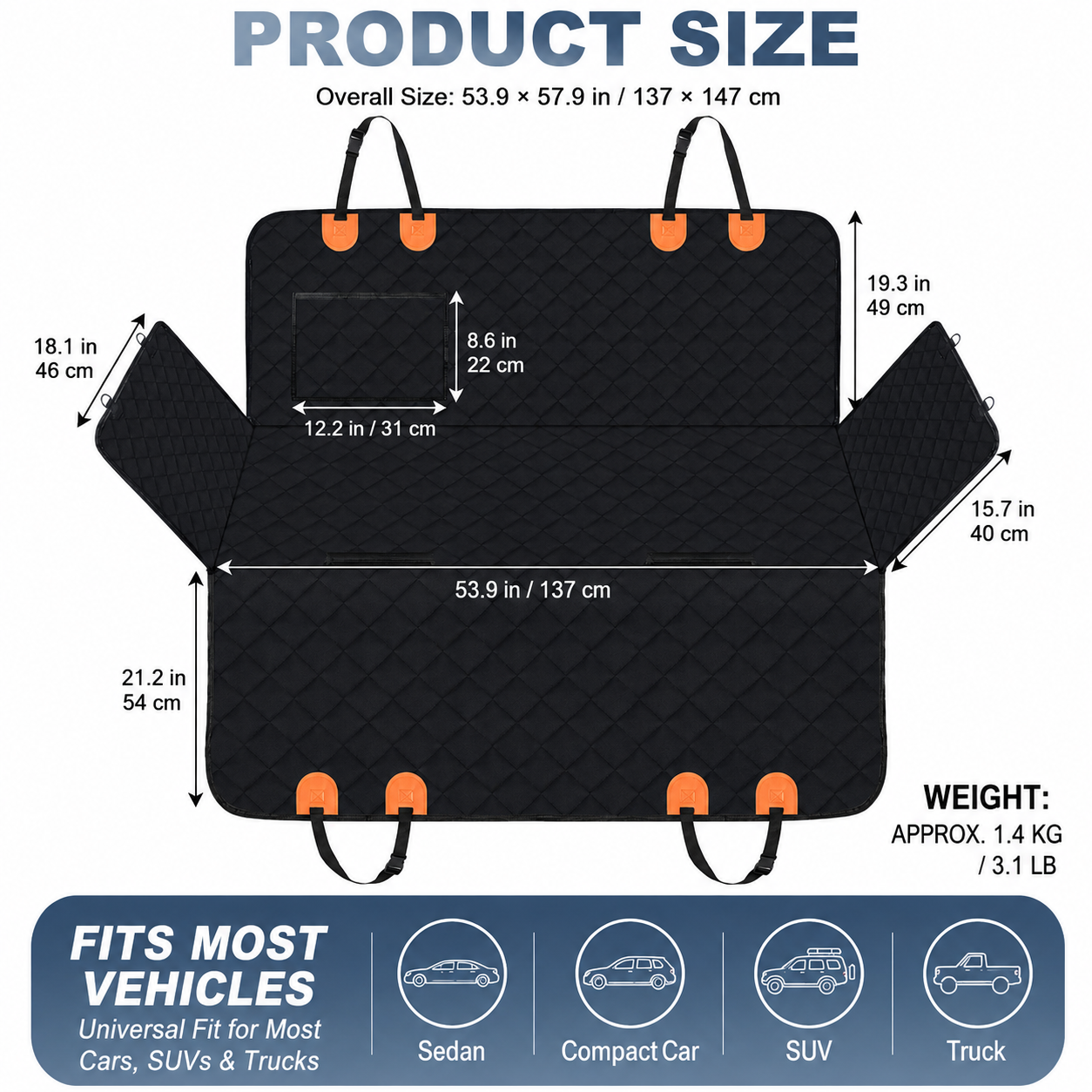 600D Waterproof Dog Car Seat Cover for Back Seat – Full Hammock with Side Flaps