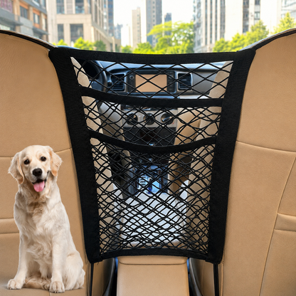 Dual-Layer Dog Car Net Barrier & Seat Organizer – 4-Sided Elastic Storage Mesh