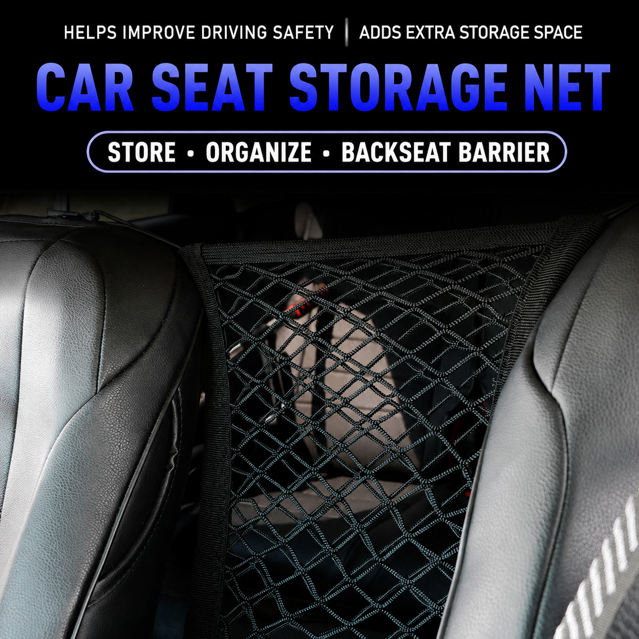 Dual-Layer Dog Car Net Barrier & Seat Organizer – 4-Sided Elastic Storage Mesh