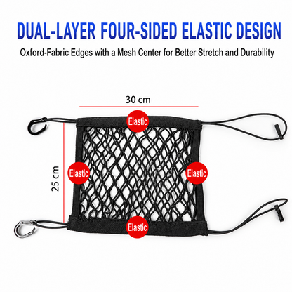 Dual-Layer Dog Car Net Barrier & Seat Organizer – 4-Sided Elastic Storage Mesh