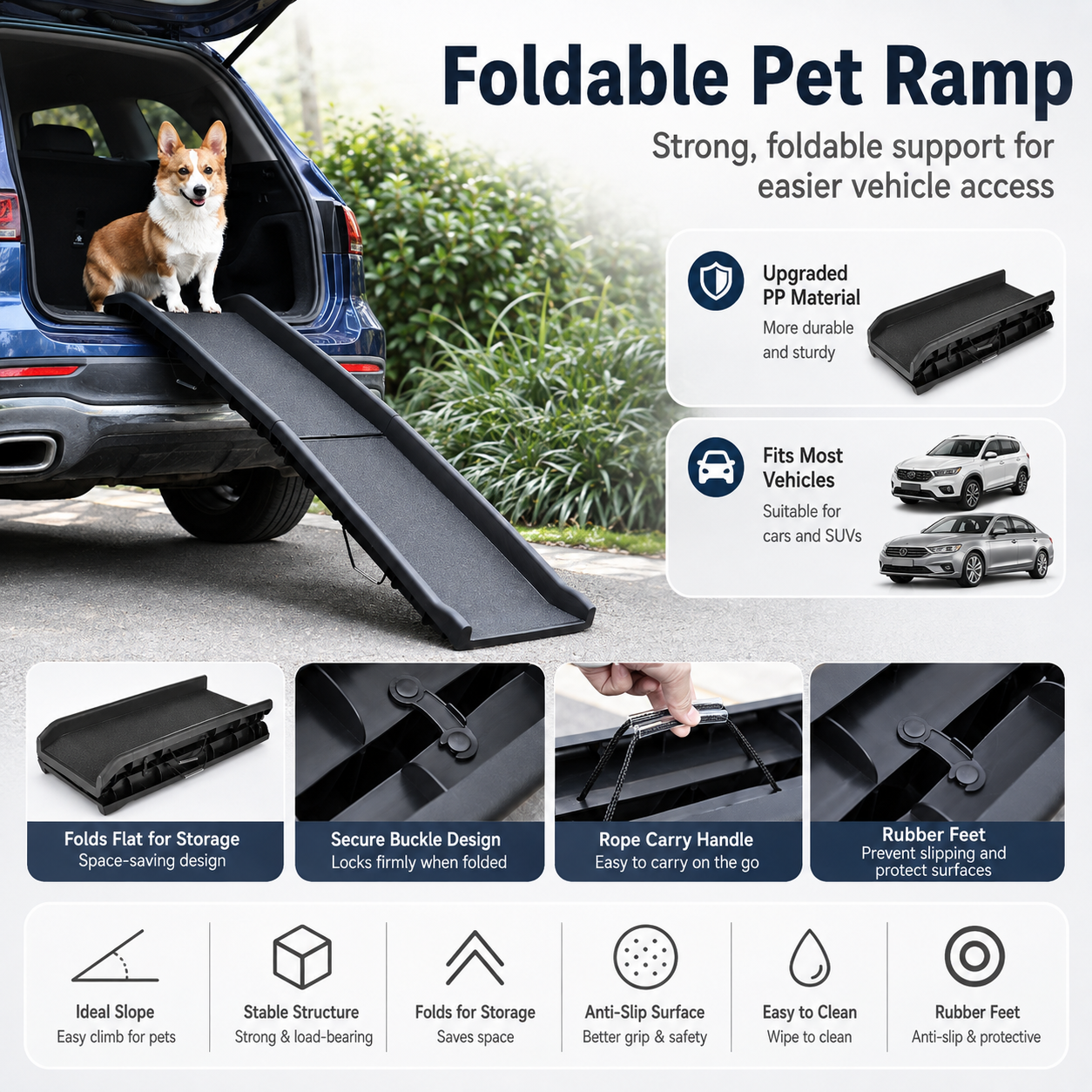 Foldable Dog Car Ramp for SUVs & Cars – 61.4" Anti-Slip Pet Ramp with Side Rails