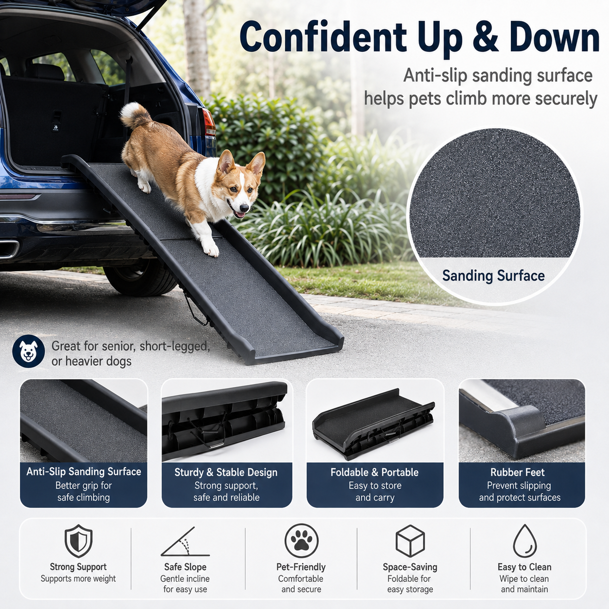 Foldable Dog Car Ramp for SUVs & Cars – 61.4" Anti-Slip Pet Ramp with Side Rails