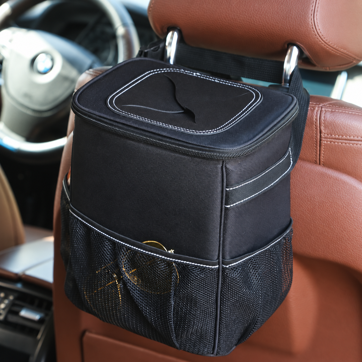 Foldable Hanging Car Trash Can with Storage Pockets