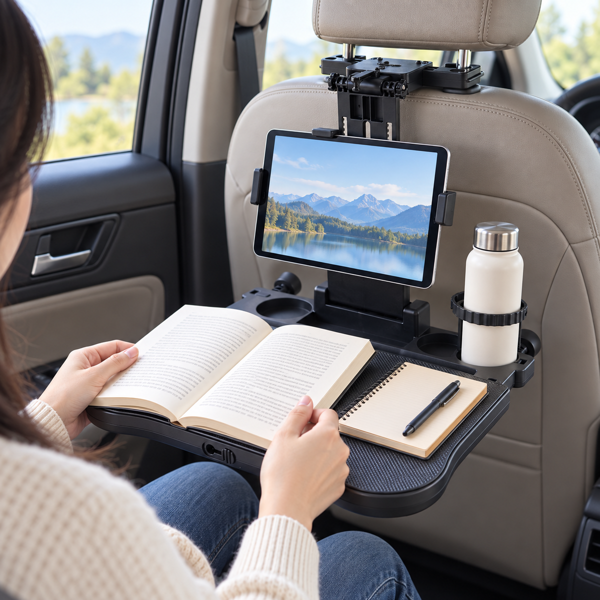 Foldable Car Backseat Tray Table with Cup Holder & Phone Mount