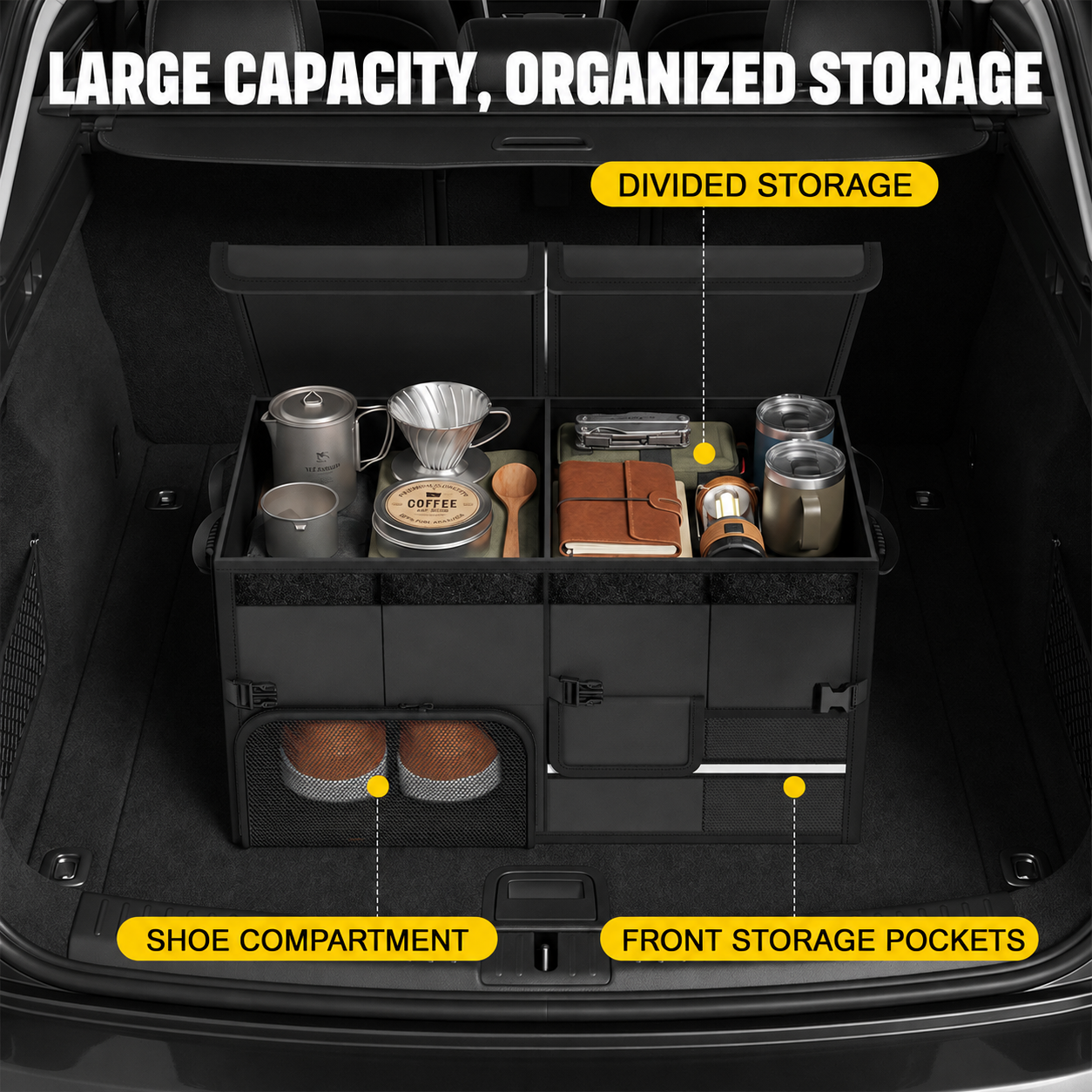 60L Foldable Car Trunk Organizer with Dual Lids