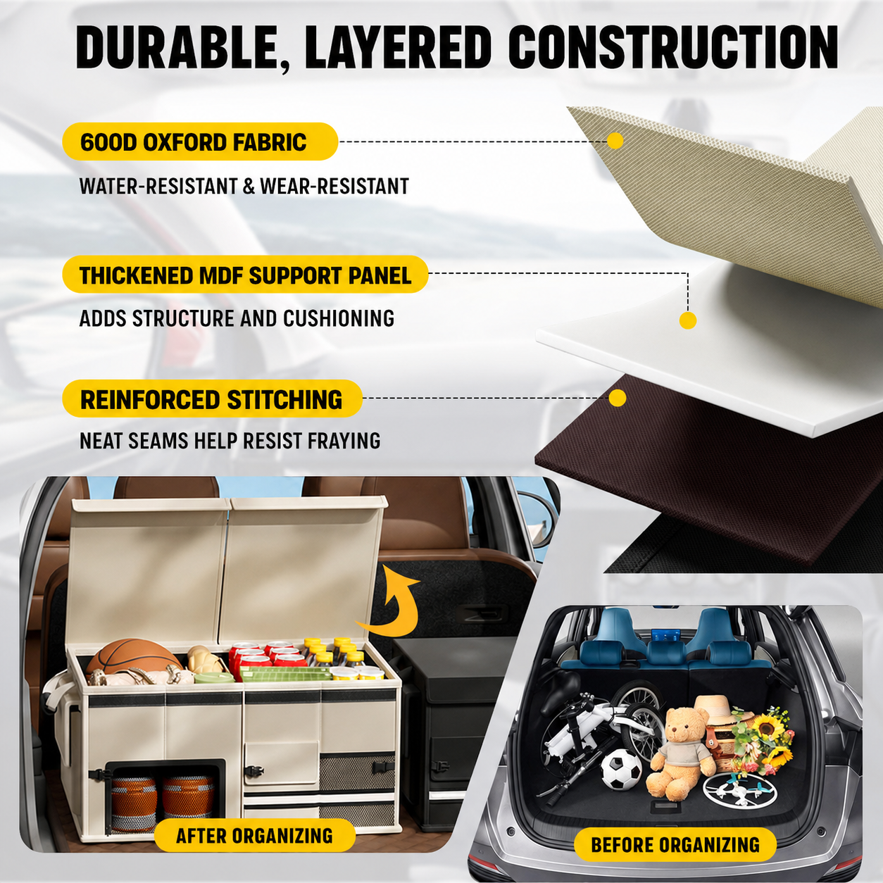 60L Foldable Car Trunk Organizer with Dual Lids