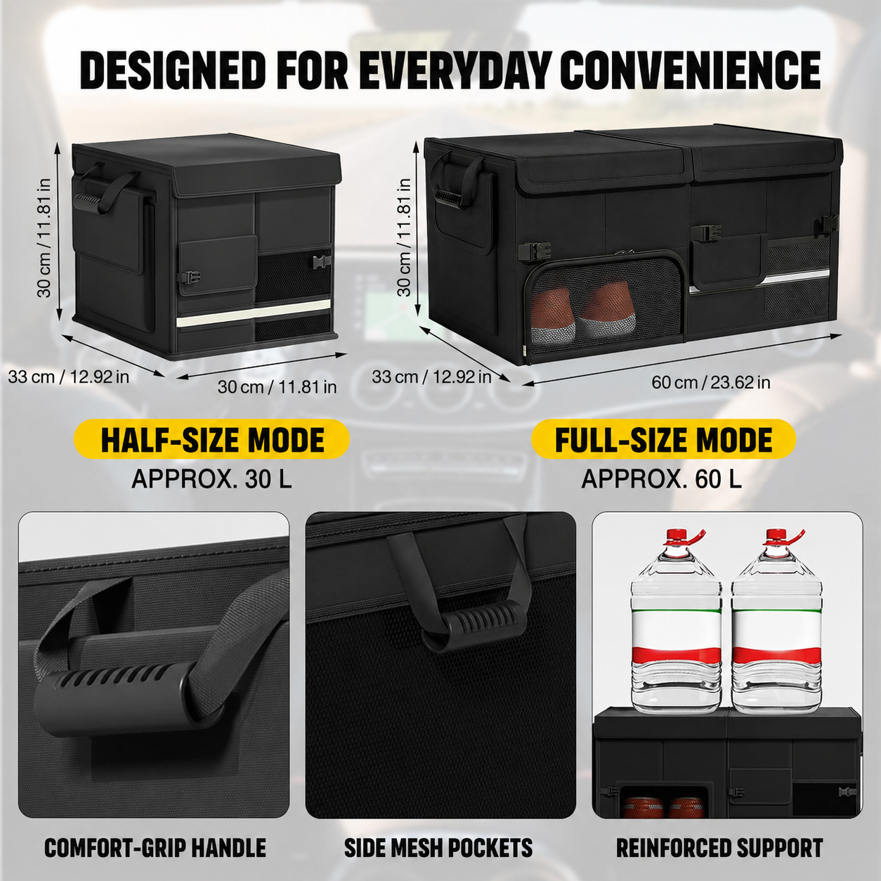 60L Foldable Car Trunk Organizer with Dual Lids