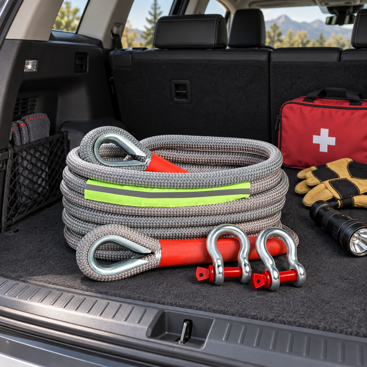 12-Ton Nylon Vehicle Recovery Rope Kit with Shackle & Gloves