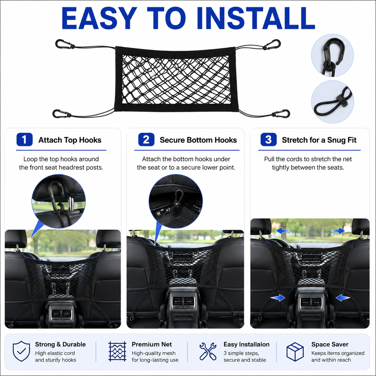 Dual-Layer Dog Car Net Barrier & Seat Organizer – 4-Sided Elastic Storage Mesh